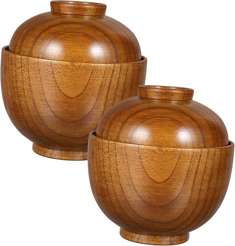 Wooden Bowls With Lid 2Pcs Heat Resistant Rice Salad Soup Bowls For Home Restaurant - Image 1